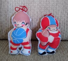 Set of 2 Vintage Pillow Christmas Ornaments, Basketball Football Boy, Champ Star