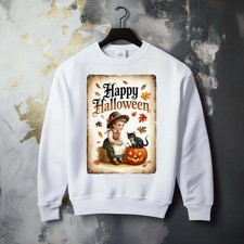 Fall Halloween Spooky Pumpkin Creepy Cat Whimsical Graphic Cozy Sweatshirt