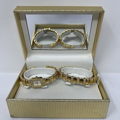 Gruen Watch Bangle Bracelet Set Gold Tone with Rhinestones in Mirror Case