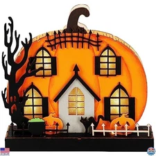Lighted Wooden Pumpkin House Halloween Tabletop Decoration, Battery Operated 9"
