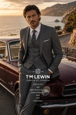 T.M. Lewin 3 Piece Suit 40R Gray Wool Blend Slim Skinny Fit NWT Vest Wedding - Image 1 of 4