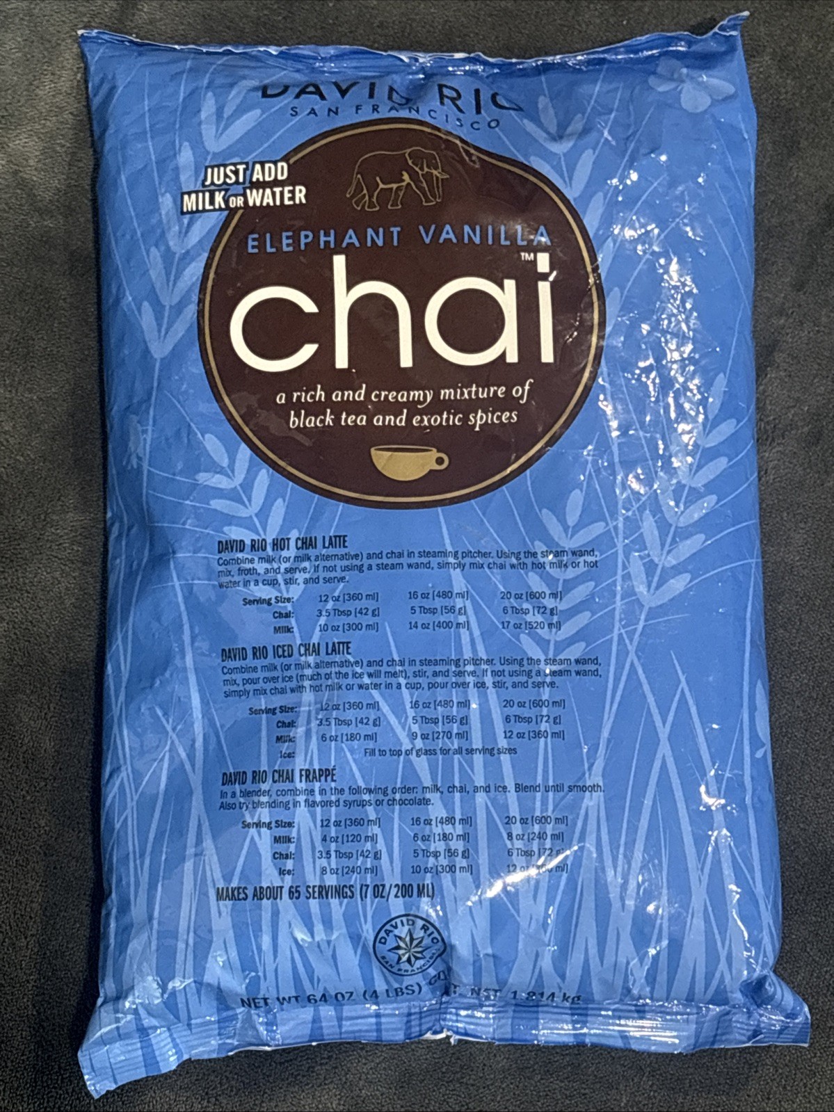 David Rio Elephant Vanilla Chai, Bulk,  4lb. Bag, New. Exp 0