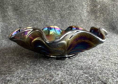 Carnival Glass Dish by Imperial Amethyst Purple PANSY Pattern Ruffled Cut Arcs - Picture 20 of 24