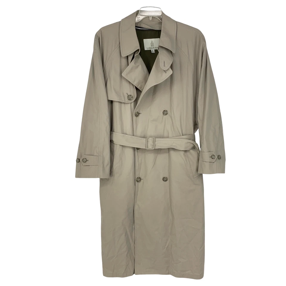 Vintage Y2K London Fog Sz 44 Classic Tan Double Breasted Trenchcoat Belted Lined - Image 3 of 4
