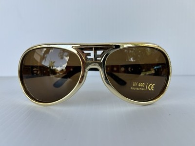 Elvis 70's Style Sunglasses with EP/TCB logos. Gold W/ Amber Lens. EPE NWT