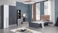 Jugendbett Einzelbett Grau Braun Polsterkopfteil Modern Schlafzimmer