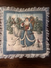 Beautiful Christmas Pillow With Santa And Reindeer Winter Scene 14 x 14