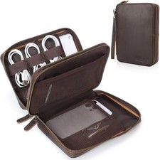 Double Layer Leather Travel Cable Organizer Bag for Electronics Storage