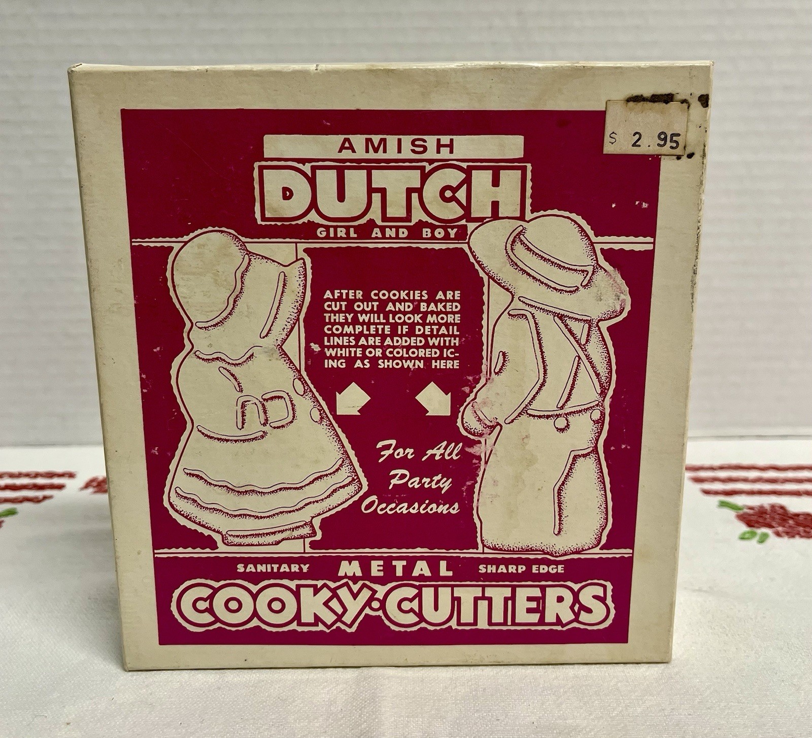 Vintage set of Amish Dutch metal cookie cutters in their original box, vintage home decor