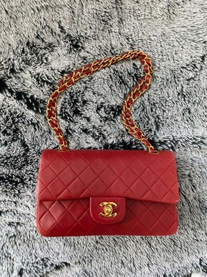 CHANEL Vintage Red Small Classic Double Flap Bag 24k GHW *EXCELLENT*