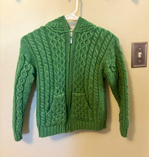 Aran Crafts Green 100 Merino Wool Cable Knit Hooded Full Zip Cardigan
