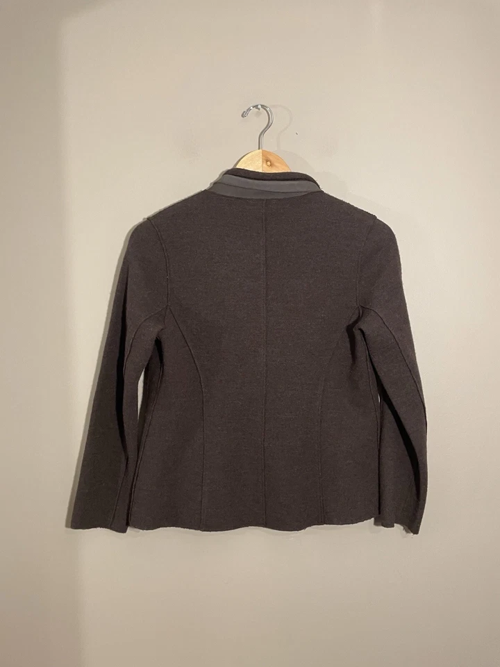 Chaqueta Cárdigan Eileen Fisher Lana Merino Cordero Cuero Borde Pequeña Marrón Foto 3 de 4