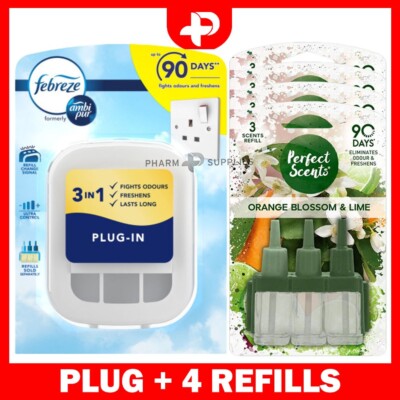 Febreze 3Volution Plug & 4 Nachfüllpackungen Perfect Scents Lufterfrischer Orangenblüte