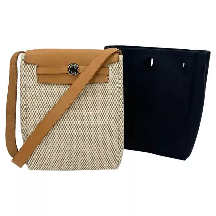 Hermes Herbag Tpm Mini Black and Beige Sangles Canvas