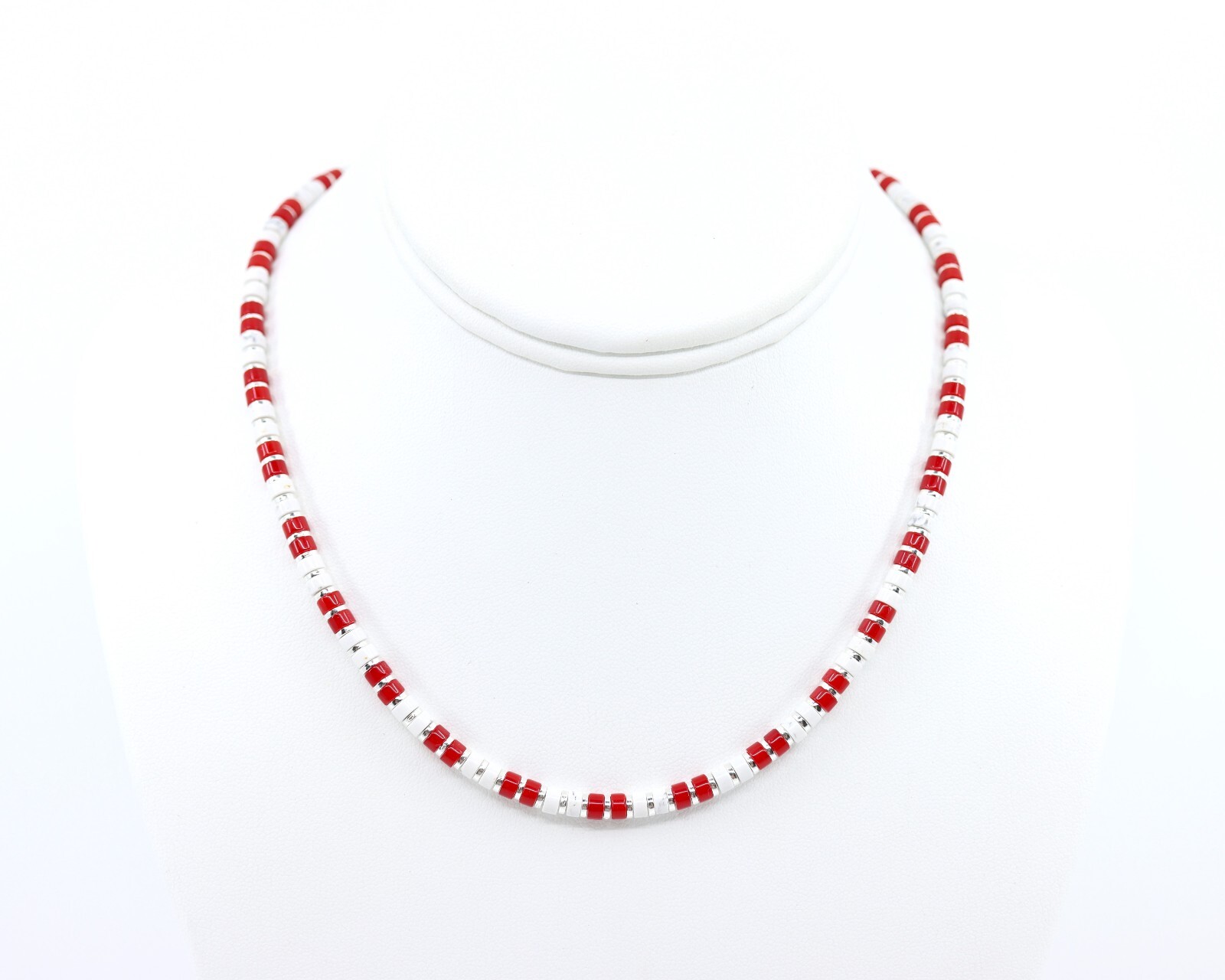 4mm Red Jade & White Buffalo Sterling Silver Heishi Bead Necklace Artisan Choker