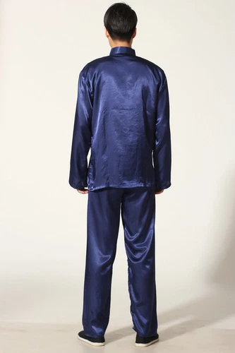 Mens Chinese Kung Fu Silk Suit Pajamas Black White Blue Red Size M- 2XL NEW - Picture 2 of 16