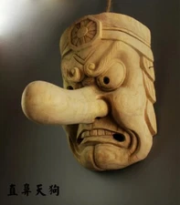 Japanese Long Nose Hand Carved Wood Japanese Noh Tengu Monster Helmet Mask Prop 