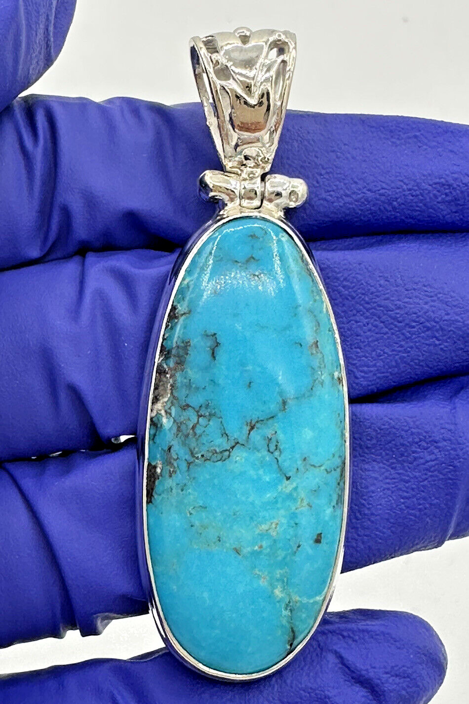 Unique Solid Sterling Silver 925 Long Oval Blue T… - image 5