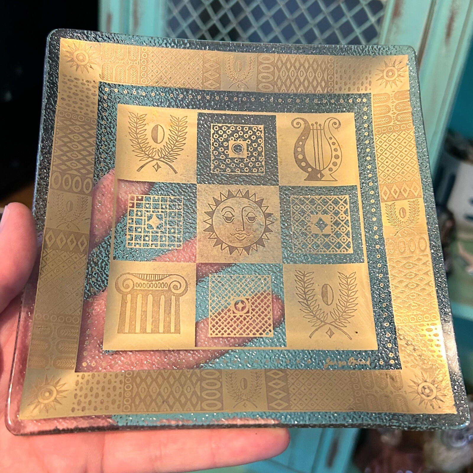 Mid Century MCM Georges Briard Square Bent Glass Dish Gold Sun Lyre Motif