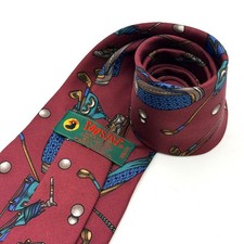 Rooster Mens Silk Tie Burgundy Golf Clubs Bags Shoes Novelty Print Made in USA