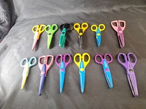 Huge Lot of 12 Crafting Scissors Teacher Class School Each Pattern Unique Fiskar
