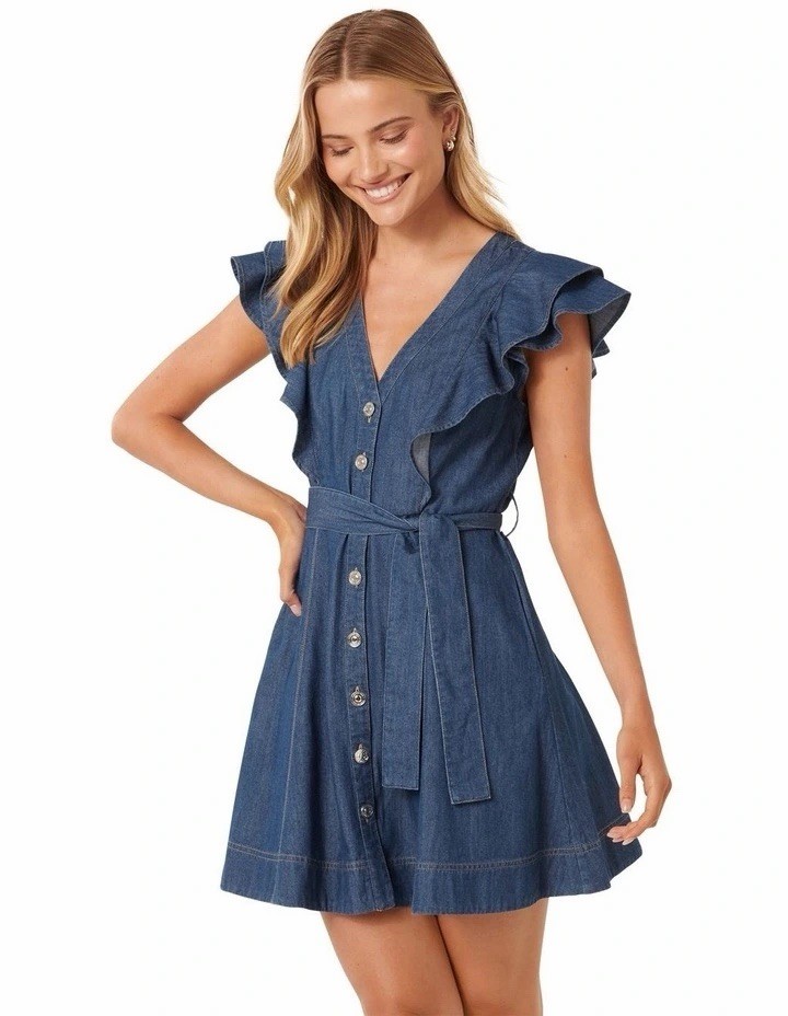 Forever New Denim Blue V-Neck Button Front Ruffle Mini Dress Pockets Sz 8 worn 1