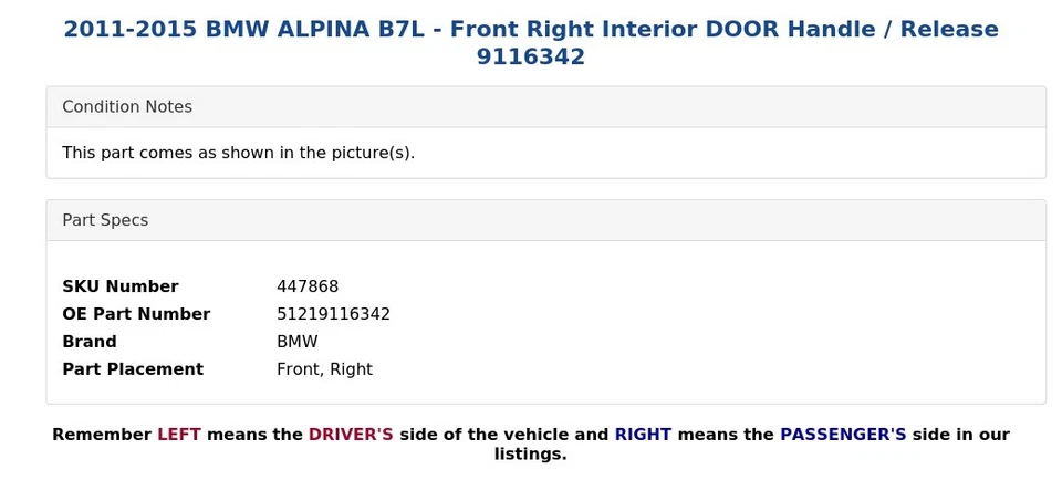 BMW ALPINA B7L 2011-2015 - Manija de puerta interior delantera derecha / Liberación 9116342 Foto 4 de 4