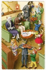 Mainzer - Eugen Hartung Cats Postcard 4751 - Family Celebration - Spain Printing