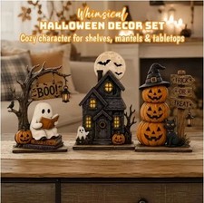 3pc Halloween Decor Set Haunted House Ghost Pumpkin Tabletop Statue Centerpiece