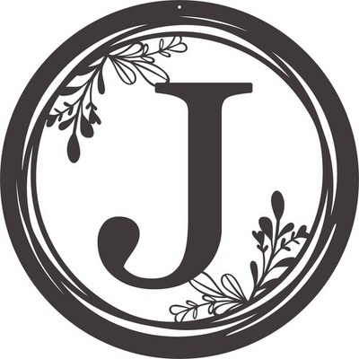 Decorative Metal Wall Art Sign with Letter J-Round Monogram Plaque with Flora...