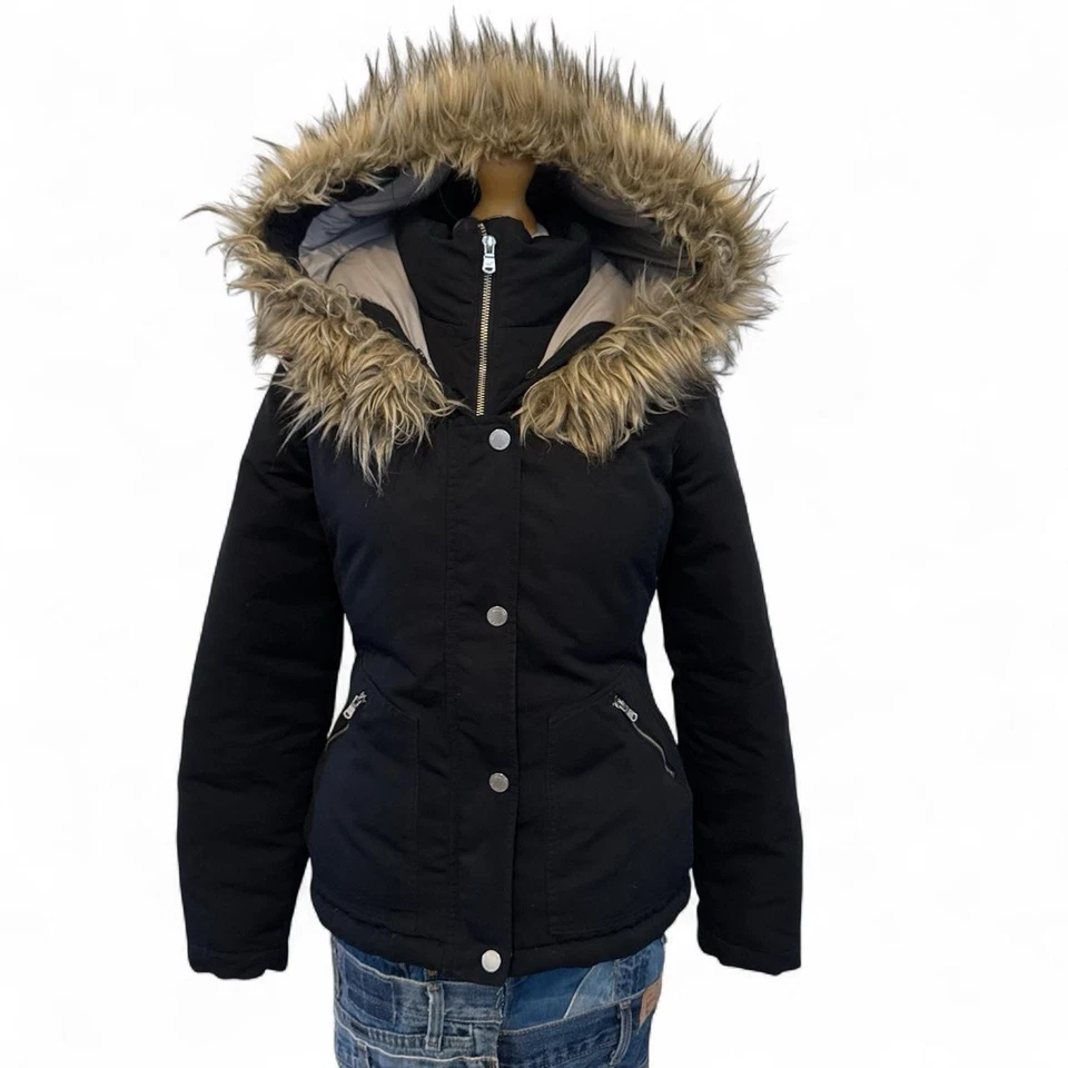Y2K Hollister Black Hooded Down Padded faux fur trim jacket size M - Image 2 of 4