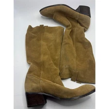 Twiggy London Suede Tan Brown Knee High Boots Block Heel Western Style Size 9M