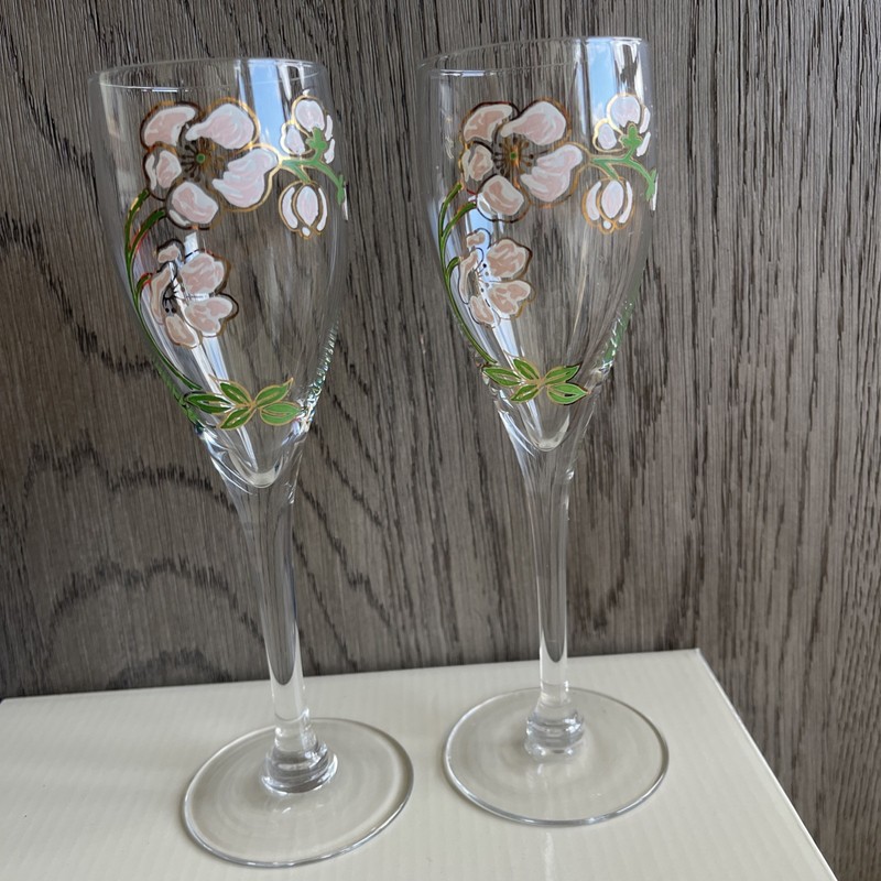 2 Vintage Perrier Jouet Belle Epoque Champagne Flutes Hand Painted Floral 7.5"