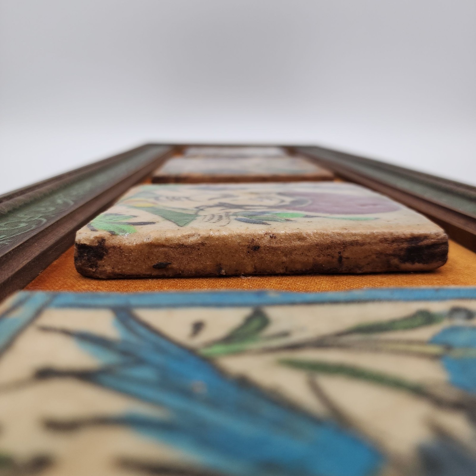 Hand-Painted VTG Persian Style Tile Wall Art Ornate Wooden Frame Floral MCM