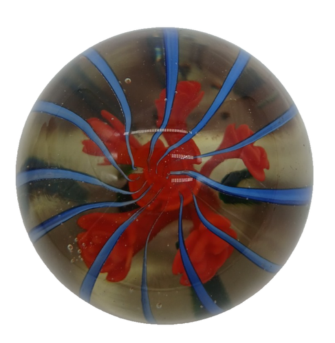 Orange Flower w/Blue Swirls in Clear Glass Round Art Glass Paperweight w Bubbles - Picture 4 of 9