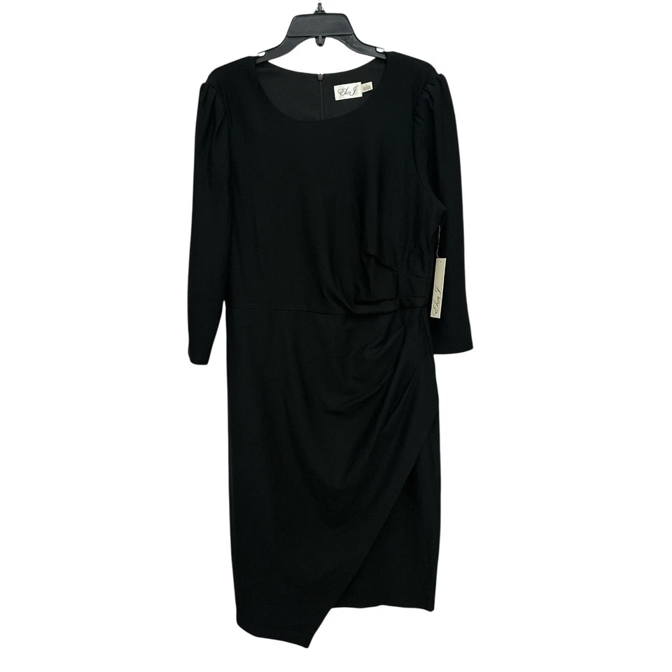 Eliza J 3/4 Sleeve Pleated Dress Size 16 Black Assymetrical Hem Puff Sleeve NWT - Image 2 of 4