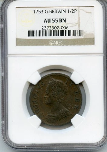 1753 George II Great Britain Copper Halfpenny Half Penny 1/2P NGC AU 55 BN