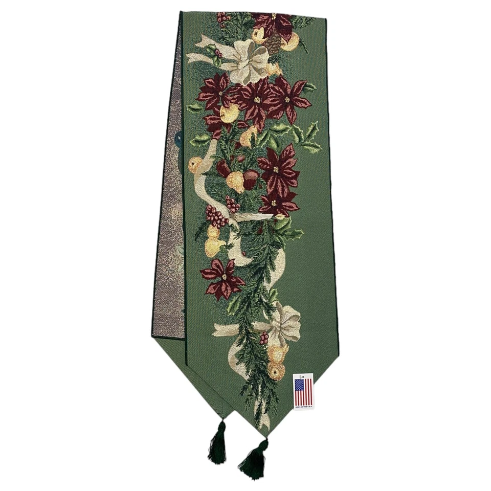 Poinsettia Christmas Table Runner Woven Tapestry Candles Bow Garland NWT 13x72" - Image 2 of 4