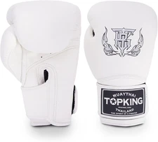 Top King Super Muay Thai Boxing Gloves, White, Black, Red, 16oz., White 