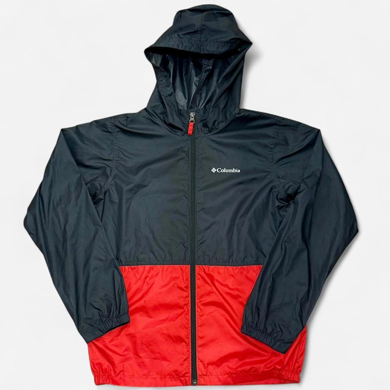 Columbia Windbreaker Jacket Mens Large Black Red Hooded Lightweight Gorpcore