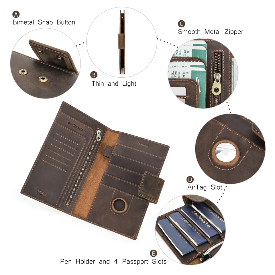 Leather RFID 4 Passport Holder Travel Wallet With AirTag Card Slot Family Travel - Image 4 of 4