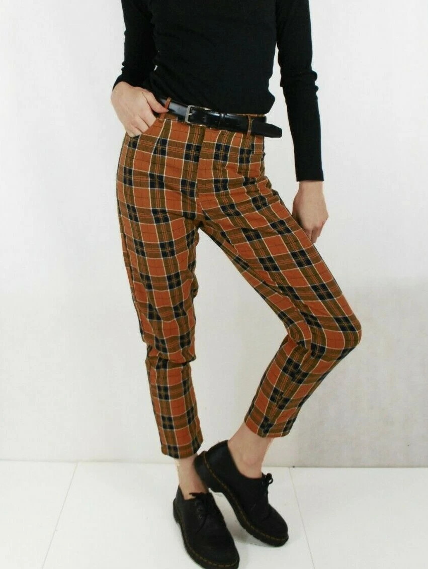 Womens Lined High Waisted Tartan Checked Trousers - Chestnut Brown - All Sizes
