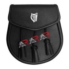 New Leather Sporran with Irish Celtic Harp Badge Front 3 Tassels Chain Straps