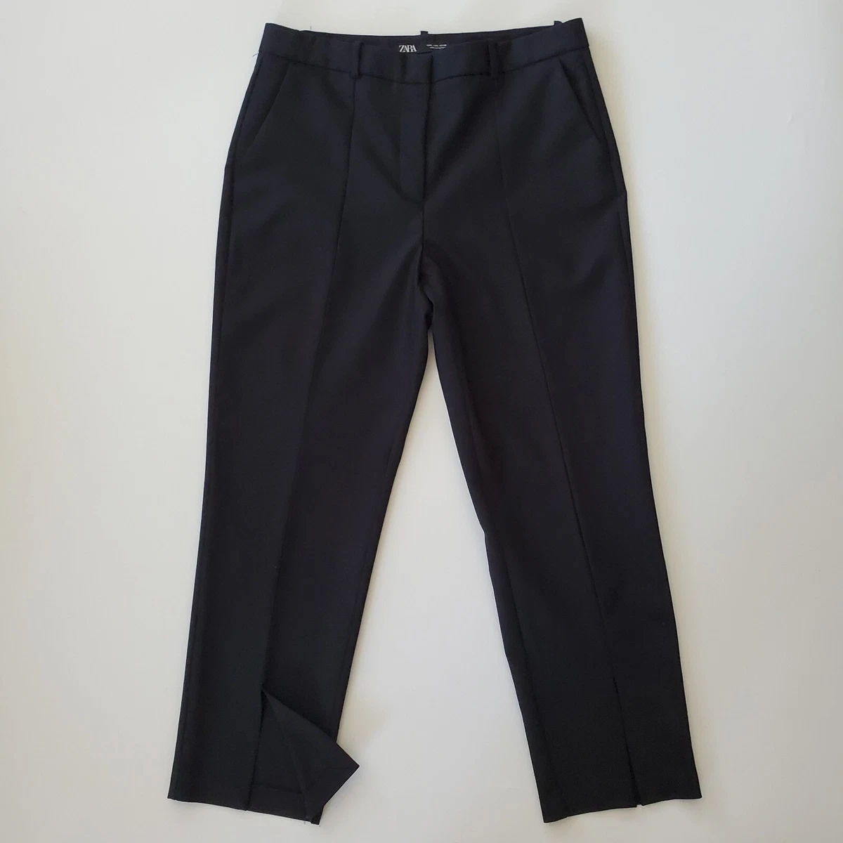 Zara Split Hem Trouser Pants Large Black Straight Leg High Rise Stretch  Office