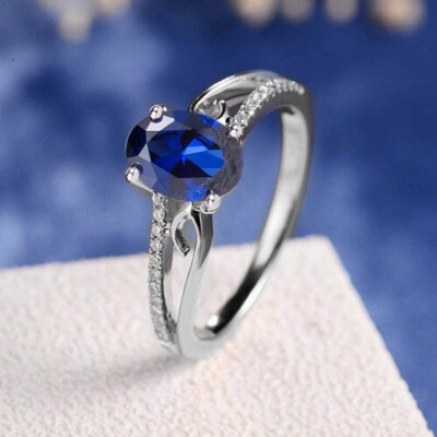 1.0Ct Oval Blue Color & RD Simulated Diamond Engagement Ring 14k white gold Over