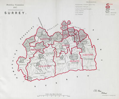 Surrey Parliamentary County. GRENZKOMMISSION. Schließen 1917 alte antike Karte