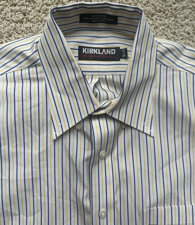 Camisa de vestir a rayas amarillas Kirkland Signature para hombre talla 16,5/33 Foto 3 de 4