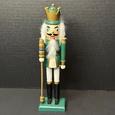 Christmas Teal/Green King w/Gold Crown Nutcracker Wooden 9.5" Tall Moving Mouth