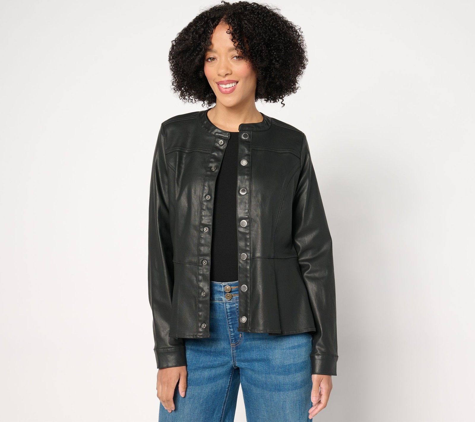 Susan Graver Women's Jacket Sz M Coated Denim Peplum Black A670193