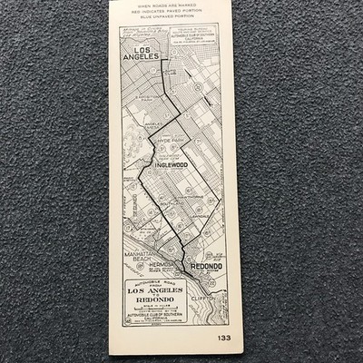 AAA Auto Club Southern California Strip Map Los Angeles to Redondo #133 c1916